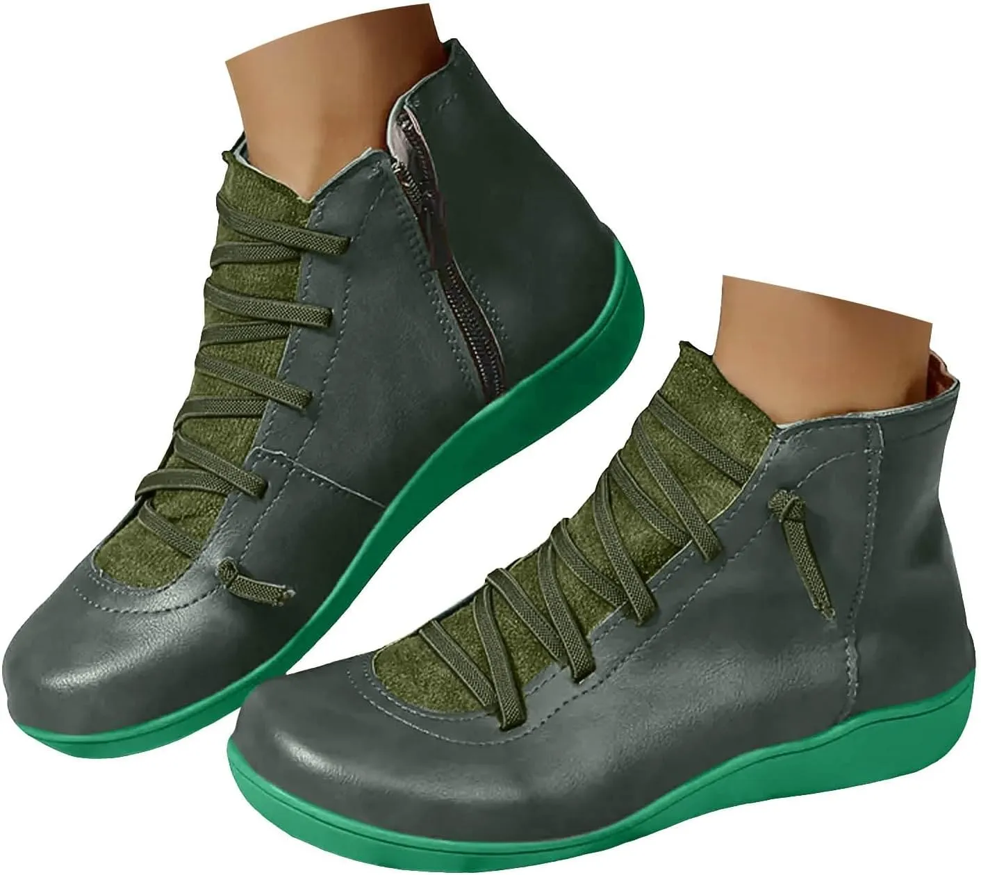 Ankle Boots for Women Low Heel Flat Boots Women Retro Solid Color Western Flat Casual Lace up Lightweight Non Slip
