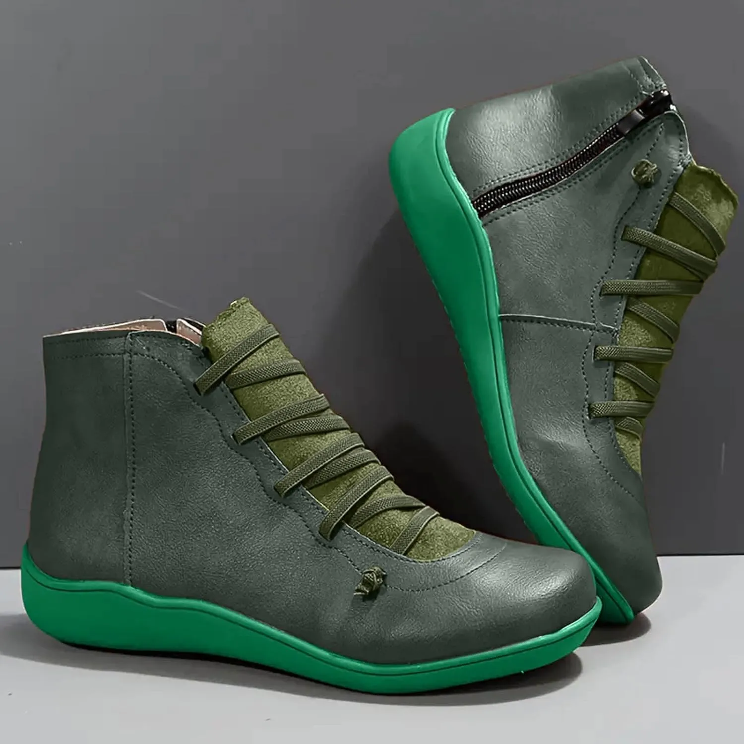 Ankle Boots for Women Low Heel Flat Boots Women Retro Solid Color Western Flat Casual Lace up Lightweight Non Slip