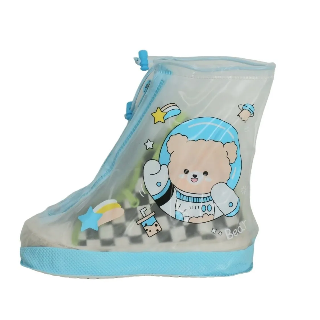 Boys' Transparent Bear-Print Waterproof Rain Shoe Cover with Blue Accents
