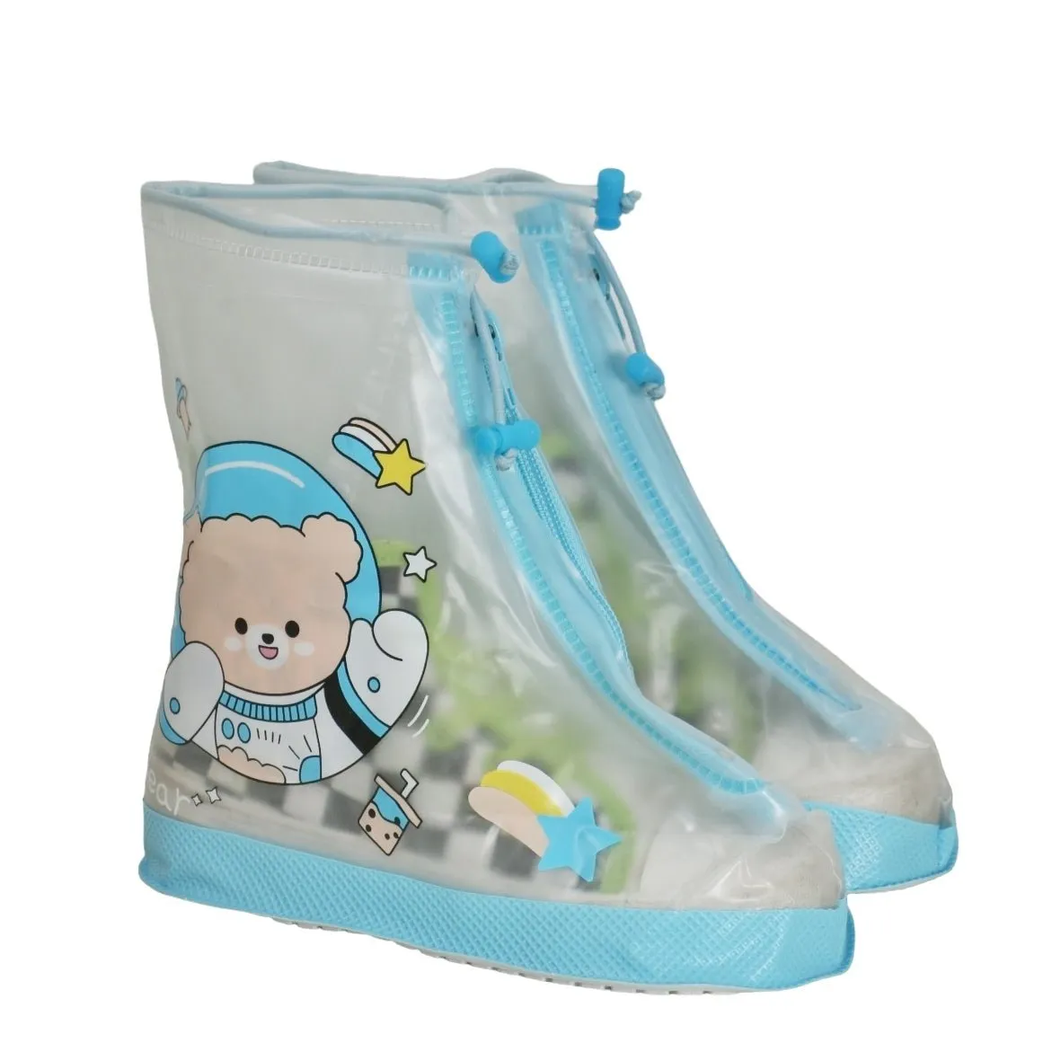 Boys' Transparent Bear-Print Waterproof Rain Shoe Cover with Blue Accents
