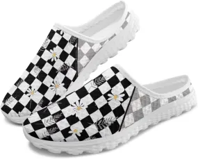 Checkerboard Womens Slip On Clogs Mules Slip-On Walking Yoga Shoes Breathable Mesh Slippers Garden Loafers