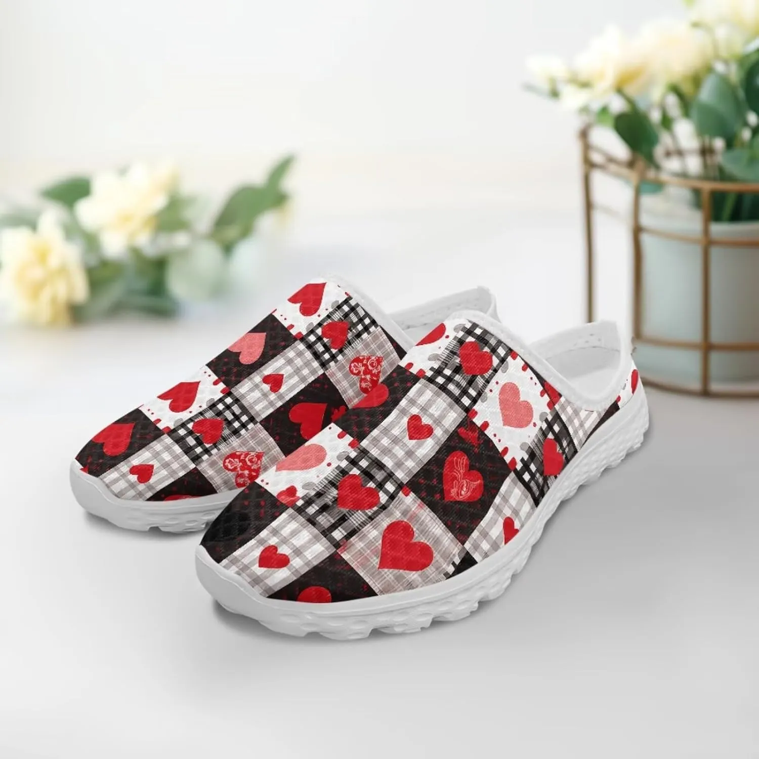 Checkerboard Womens Slip On Clogs Mules Slip-On Walking Yoga Shoes Breathable Mesh Slippers Garden Loafers