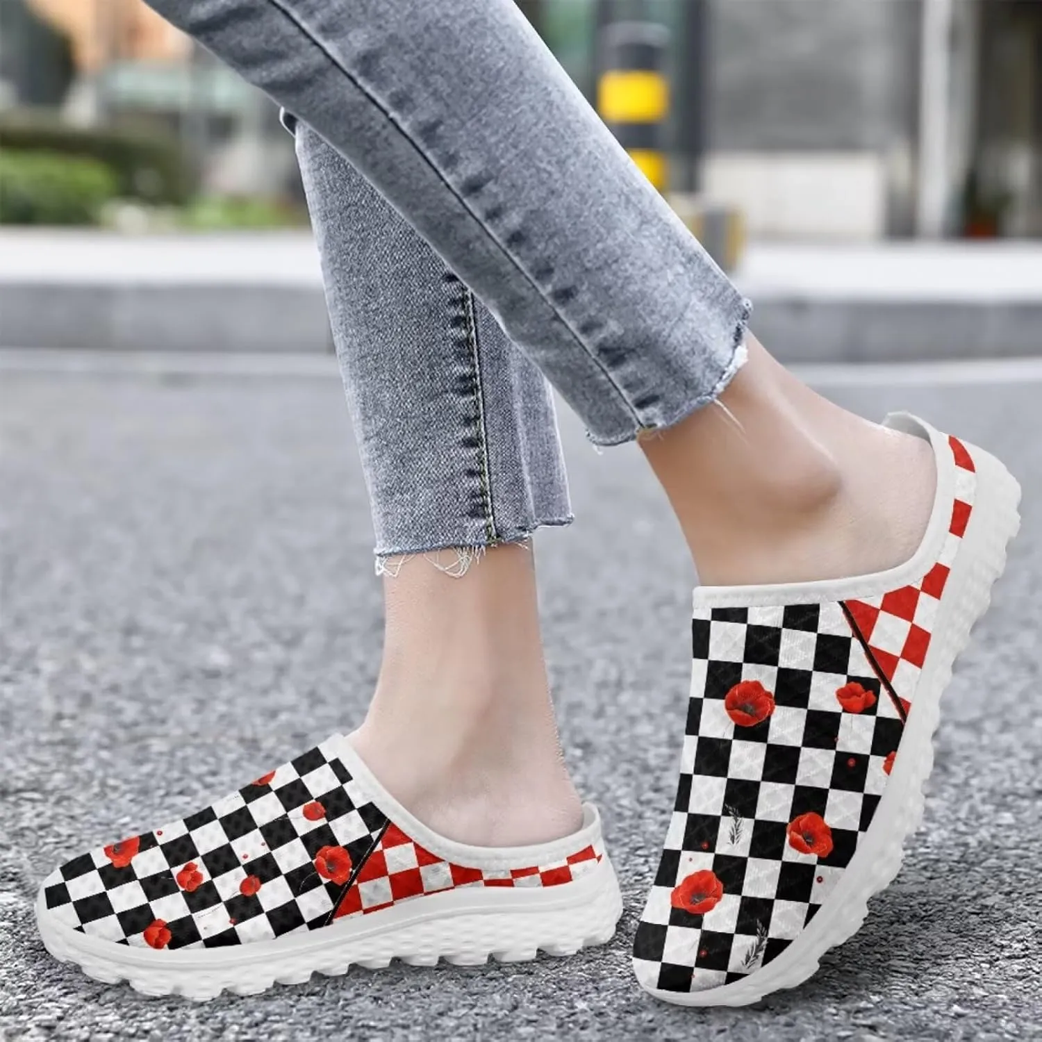 Checkerboard Womens Slip On Clogs Mules Slip-On Walking Yoga Shoes Breathable Mesh Slippers Garden Loafers