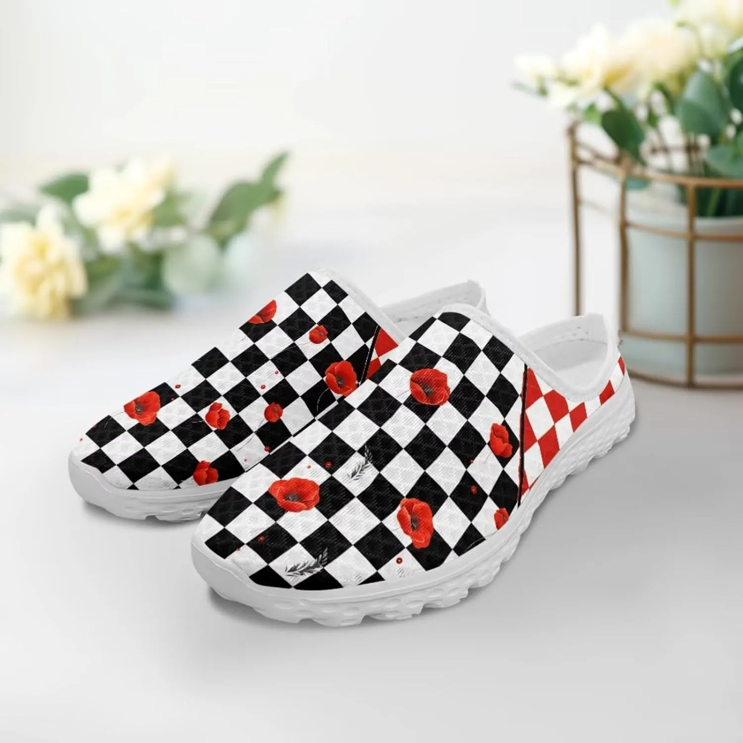Checkerboard Womens Slip On Clogs Mules Slip-On Walking Yoga Shoes Breathable Mesh Slippers Garden Loafers