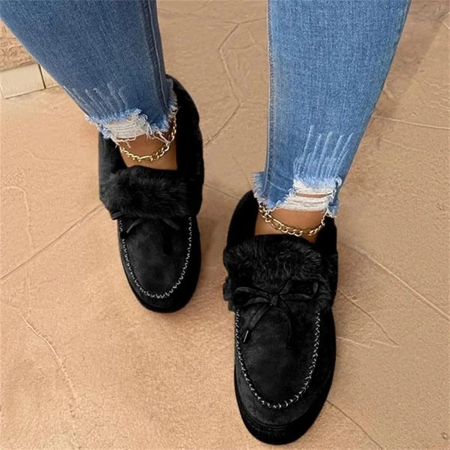 Ladmiple Boots for Women Ankle Booties with Fur Slip On Winter Snow Boots Warm Fashion Outdoor Comfortable Walking Shoes