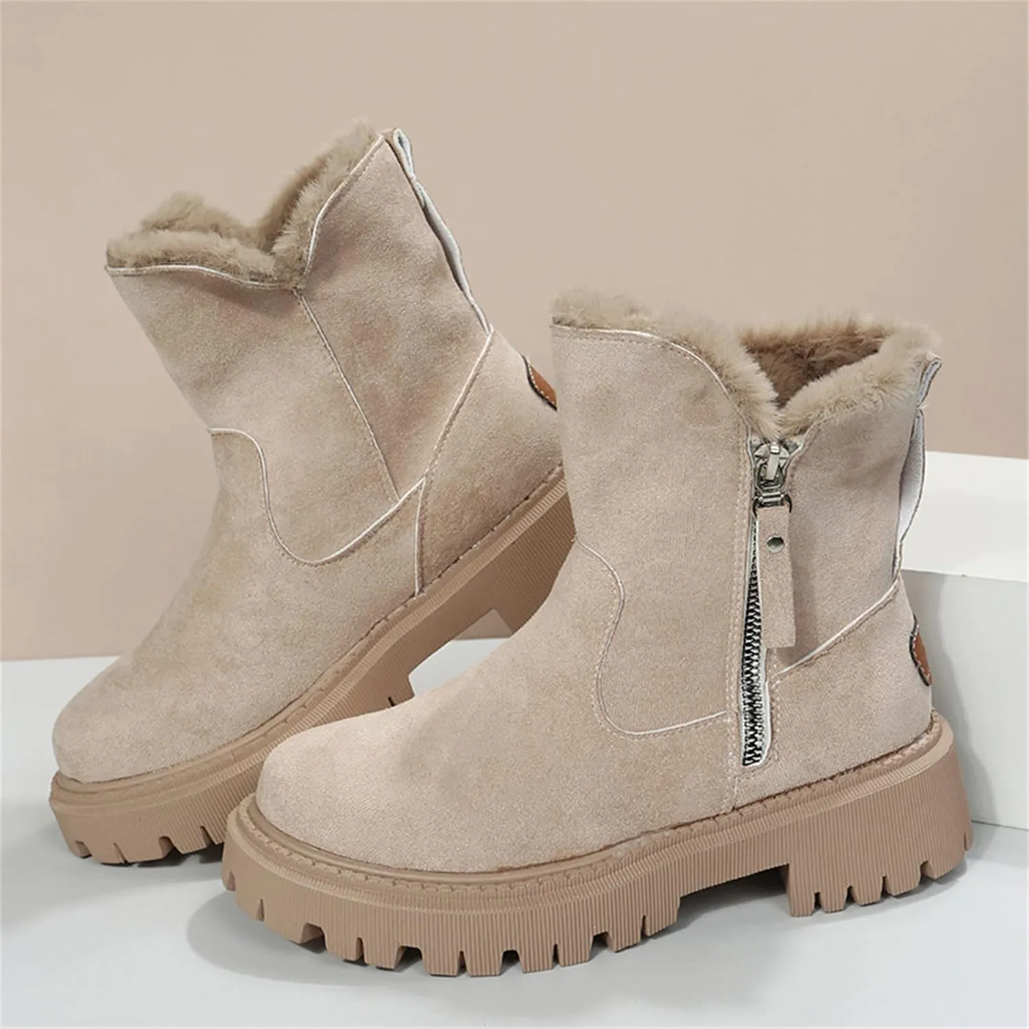 Ladmiple Snow Boots For Women Cute Tall Mid Calf Warm Fur Lined Winter Shoes Outdoor Slip On Fashion Walking Ankle Booties