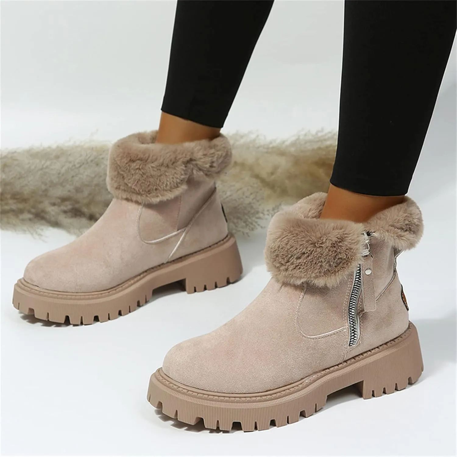 Ladmiple Snow Boots For Women Cute Tall Mid Calf Warm Fur Lined Winter Shoes Outdoor Slip On Fashion Walking Ankle Booties