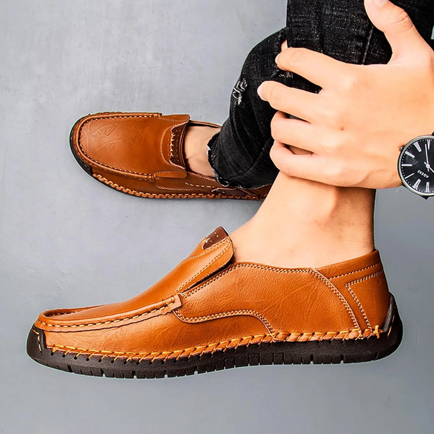 Men's Loafers Slip-On Casual Leather Outdoors Dress Shoes Lightweight Comfortable Driving Walking Shoes