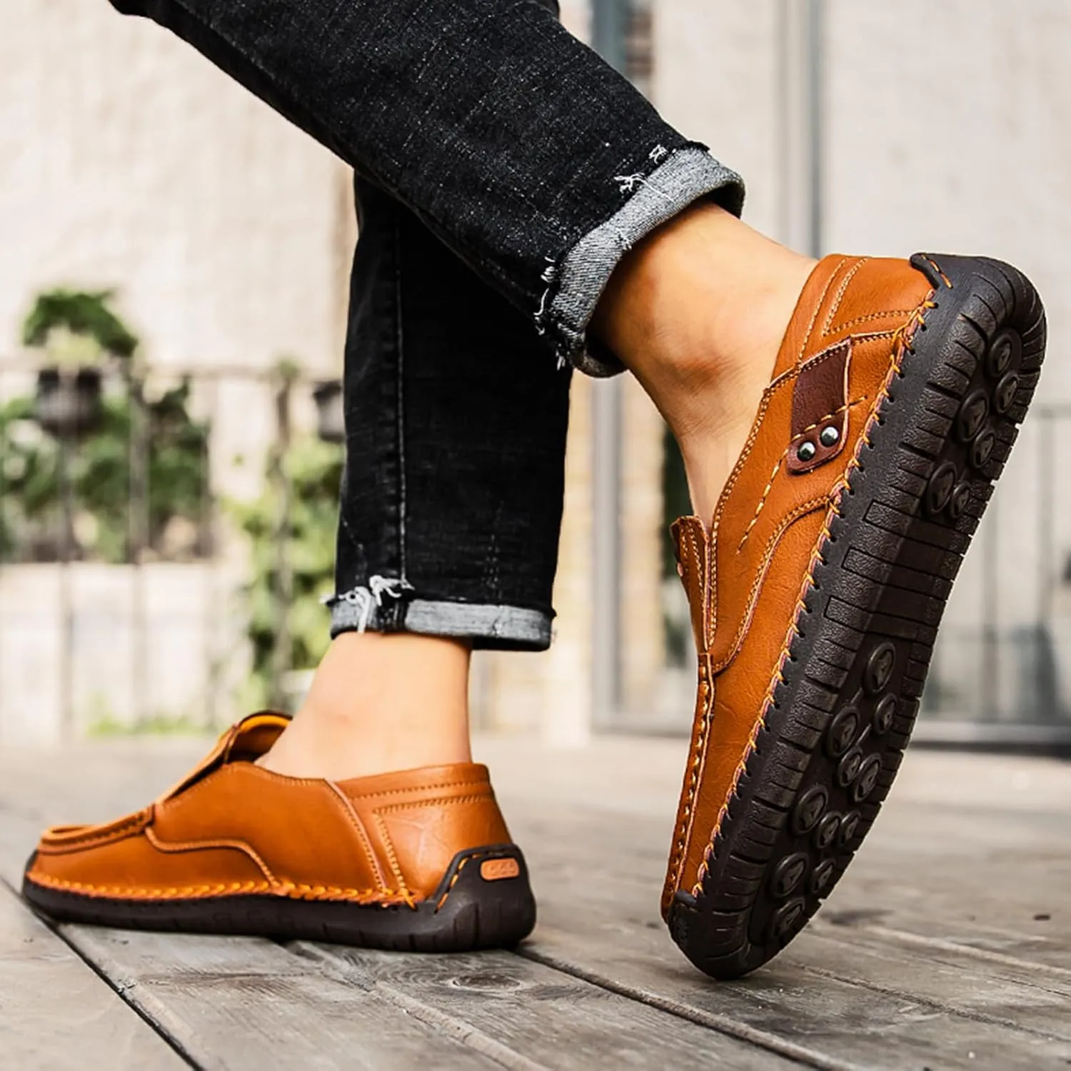 Men's Loafers Slip-On Casual Leather Outdoors Dress Shoes Lightweight Comfortable Driving Walking Shoes