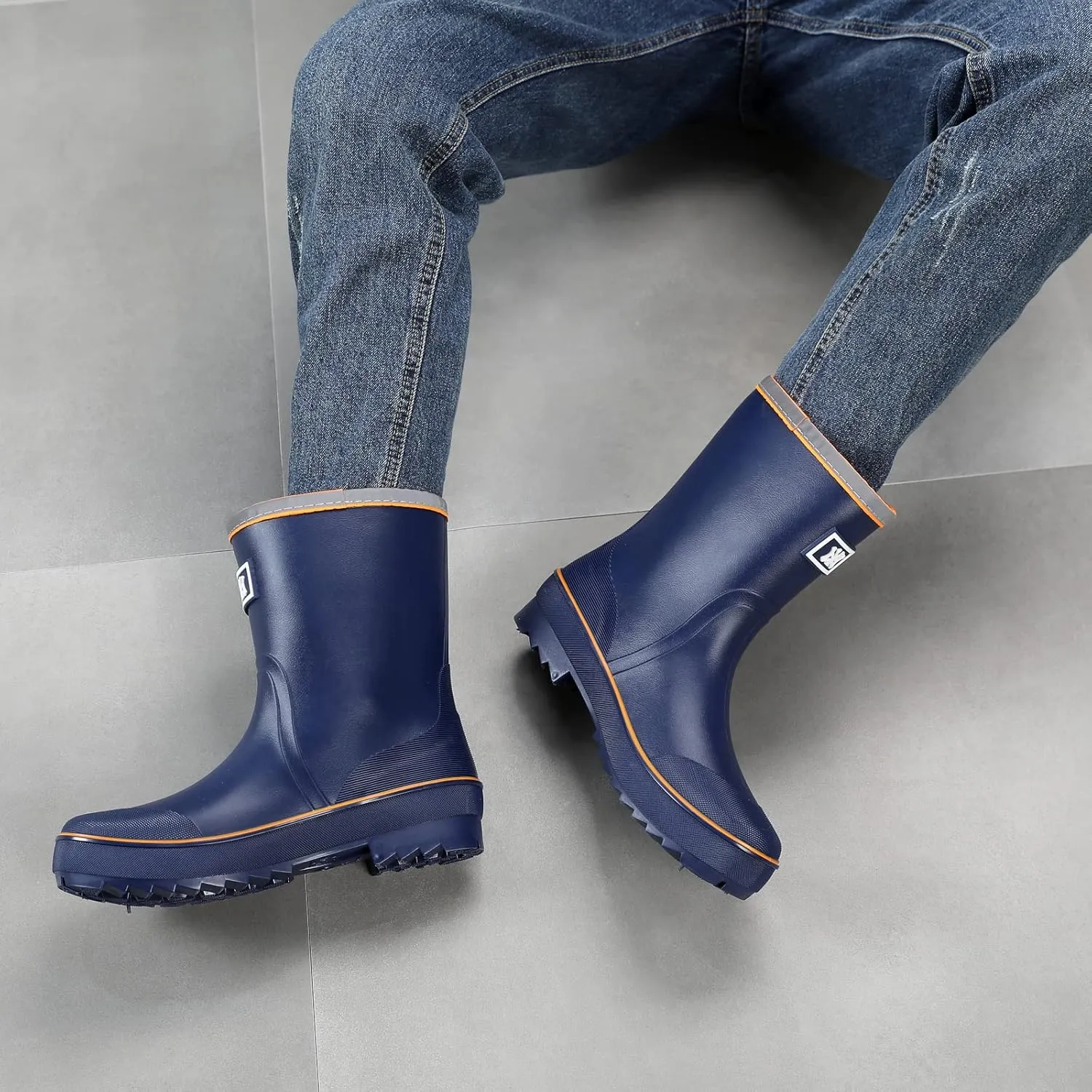 Rain Boots for Men, Waterproof Warm Rubber Boots Mens Garden Boots, Comfort Mid-Calf Lightweight Adjustable Raining Shoes, Elastic Chelsea Ankle Rain Boots Fishing Shoes for Yard Farm Outdoor Work