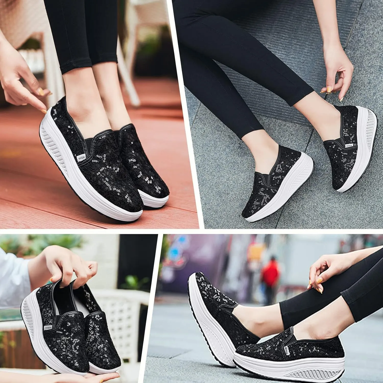 SOLPNOW Women's Mesh Sequin Slip On Orthopedic Diabetic Walking Shoes,with Arch Support Breathable Comfort Wedge Platform Loafers Outdoor Walking Sneakers