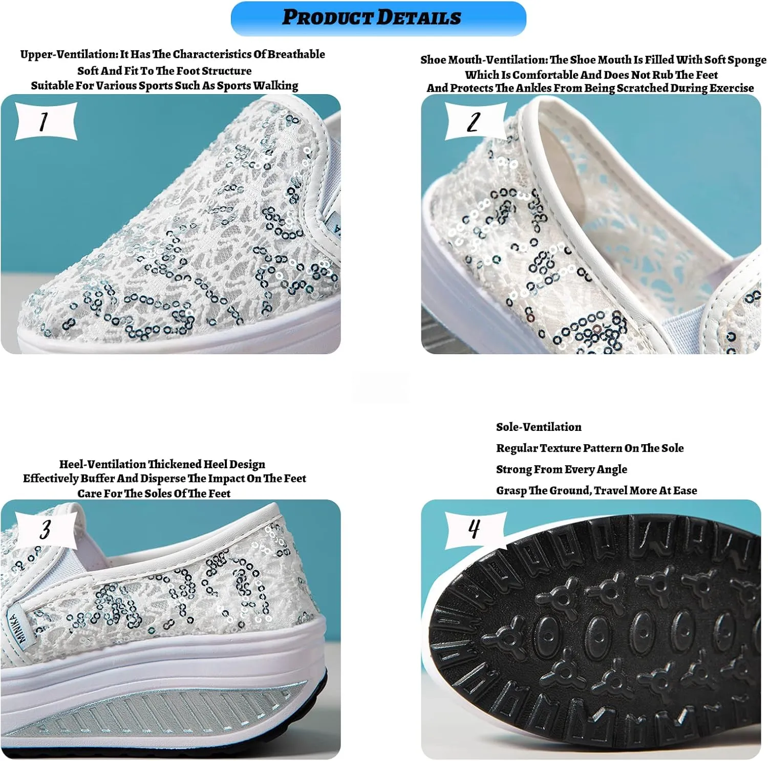 SOLPNOW Women's Mesh Sequin Slip On Orthopedic Diabetic Walking Shoes,with Arch Support Breathable Comfort Wedge Platform Loafers Outdoor Walking Sneakers