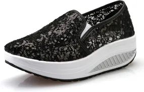 SOLPNOW Women's Mesh Sequin Slip On Orthopedic Diabetic Walking Shoes,with Arch Support Breathable Comfort Wedge Platform Loafers Outdoor Walking Sneakers