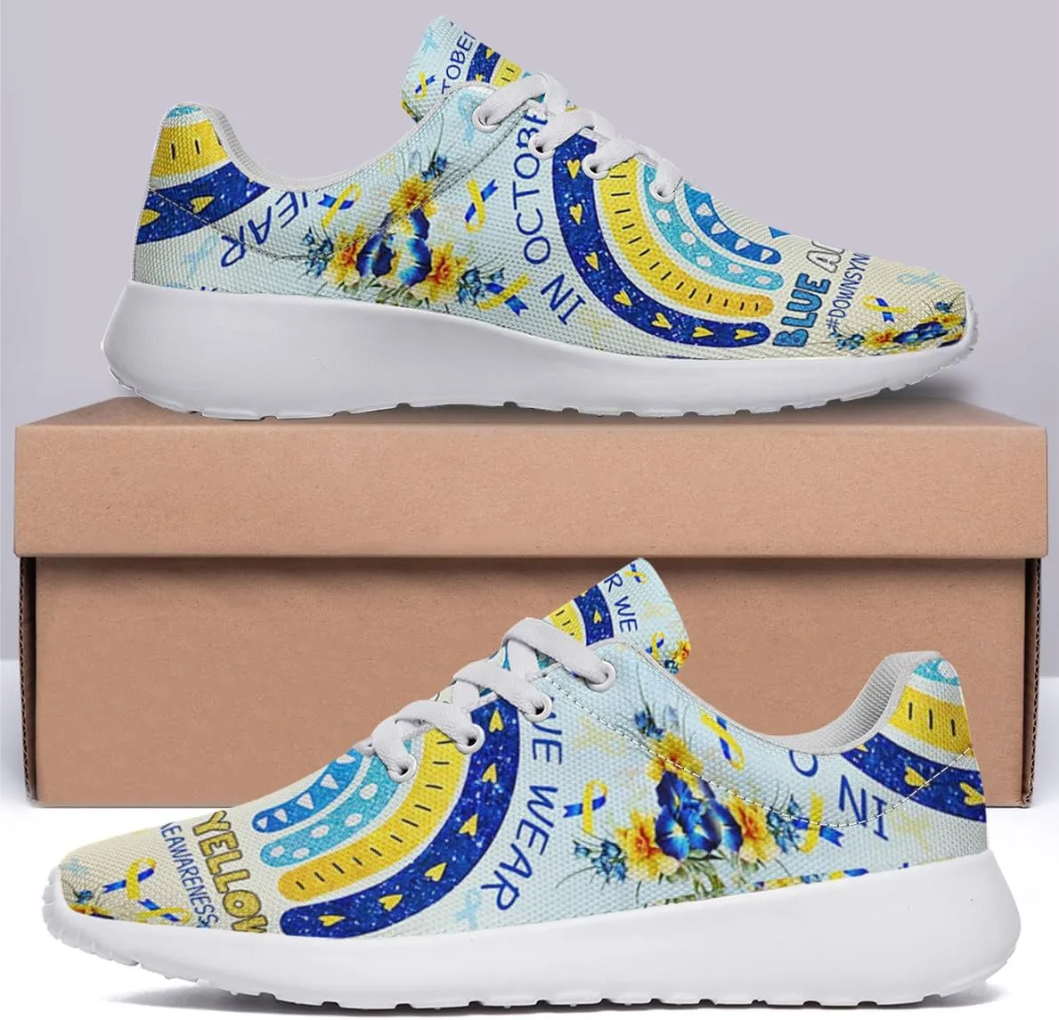 Sonzj-II Down Syndrome Awareness Shoes, Lace Up Walking Sneakers, Running Shoes Mesh Breathable Sports Trainers