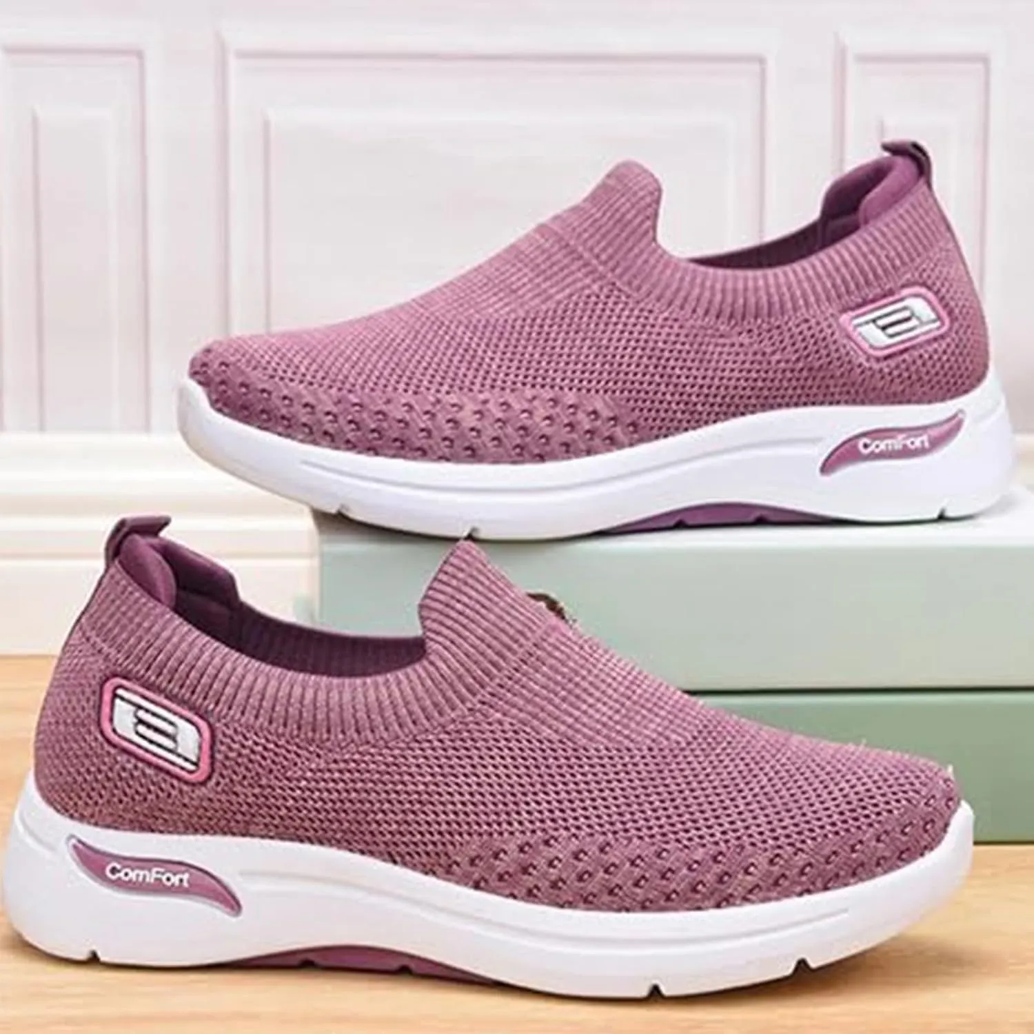 ZWRXW Orthopedic Sneakers for Women Summer Lightweight Casual Slip On Walking Shoes with Arch Support Breathable Soft Woven Shoe Non-Slip Mesh Up Footwear